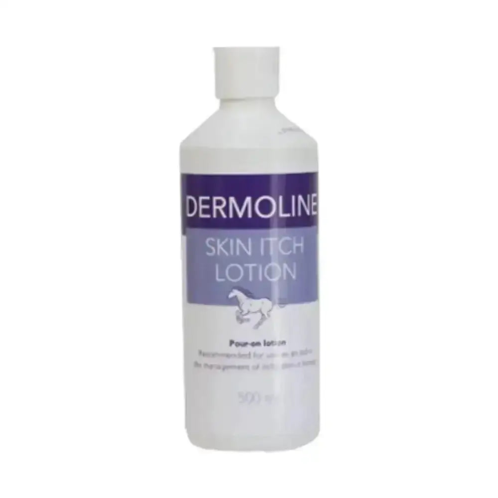 White plastic bottle of dermoline skin itch skin itch lotion with purple label and white horse silhouette for manes & tails