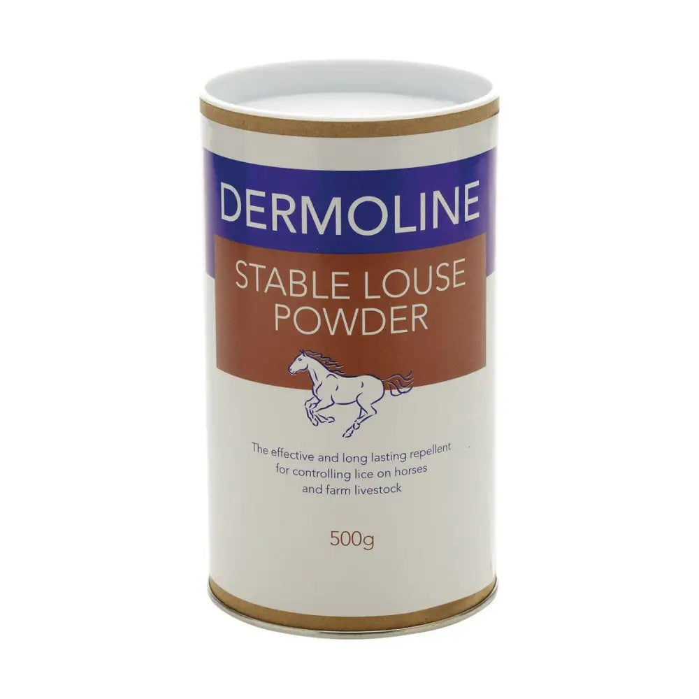 Dermoline stable louse powder in a white container with blue brown label and horse illustration for external parasites