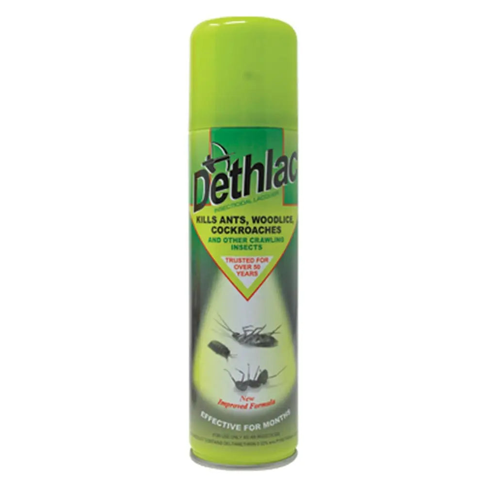 Bright green dethlac insecticidal lacquer aerosol can designed to kill ants woodlice cockroaches and other crawling insects