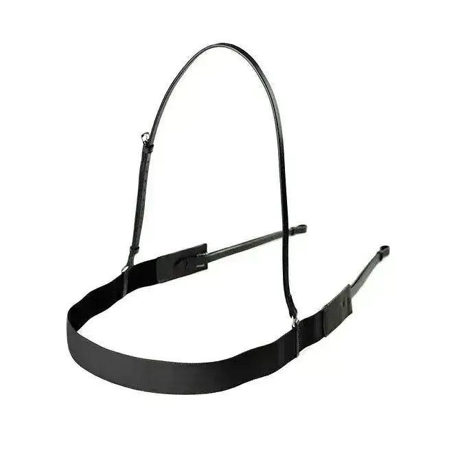 Black leather horse halter with adjustable straps and metal hardware for dever classic breast girth use