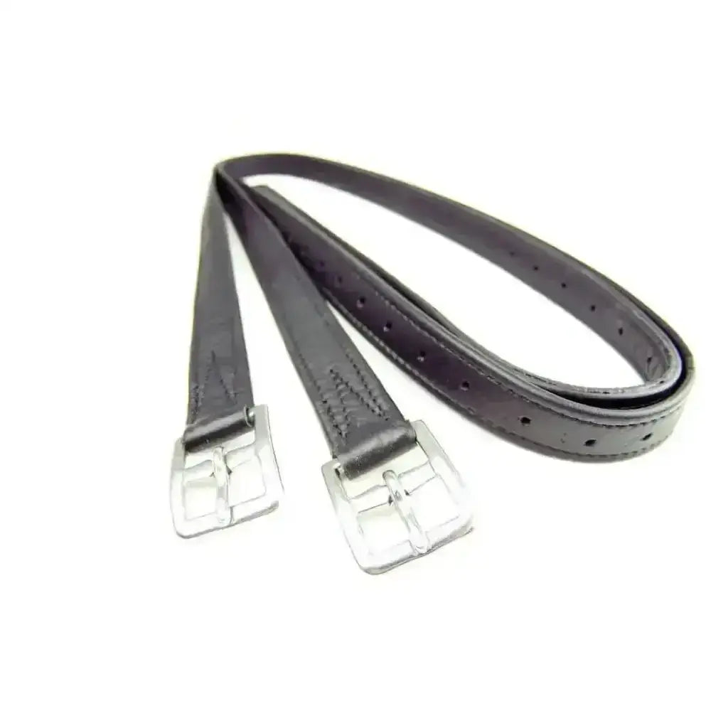 Black leather dever classic hide curved buckle stirrup leathers 54 inch with silver toned metal buckles