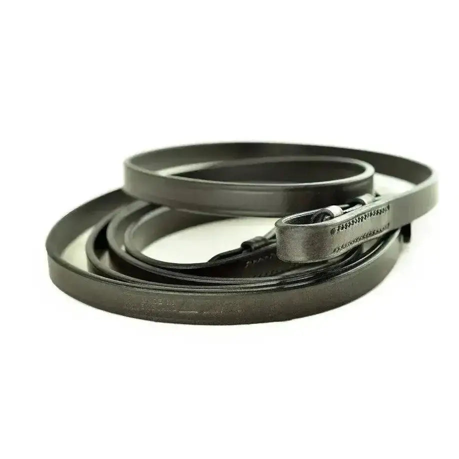 Black leather dever classic plain english leather reins with metallic buckle and embossed branding in x full length