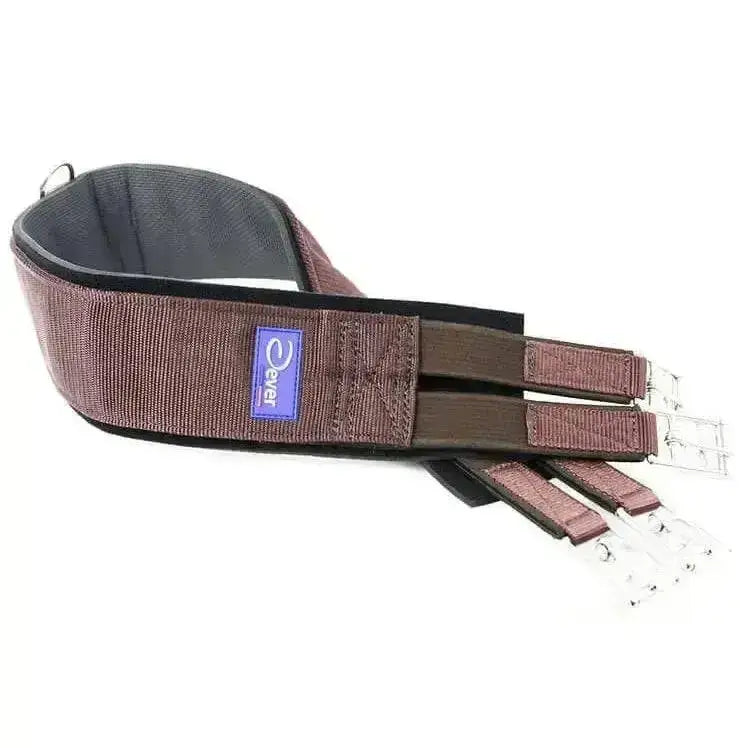 Brown woven fabric dever competition girth with black trim and stainless steel fittings for synthetic competition girth use