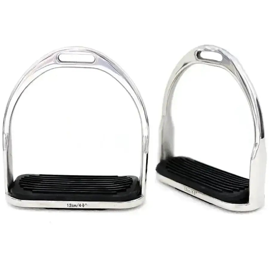 Silver dever steel psob traditional hunting stirrup irons with black rubber footpads and polished metal finish
