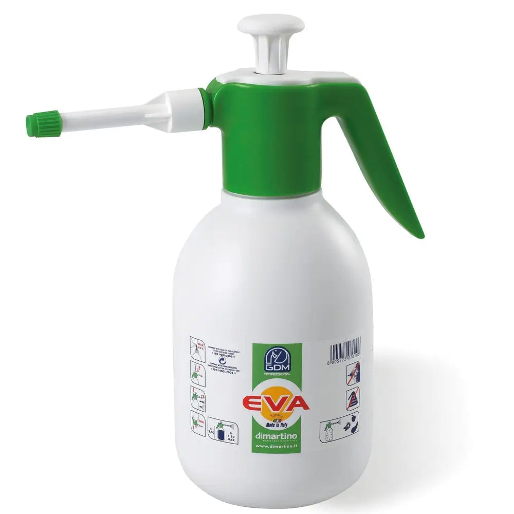 White plastic martino eva garden hand pressure sprayer with green pump handle and eva brand logo