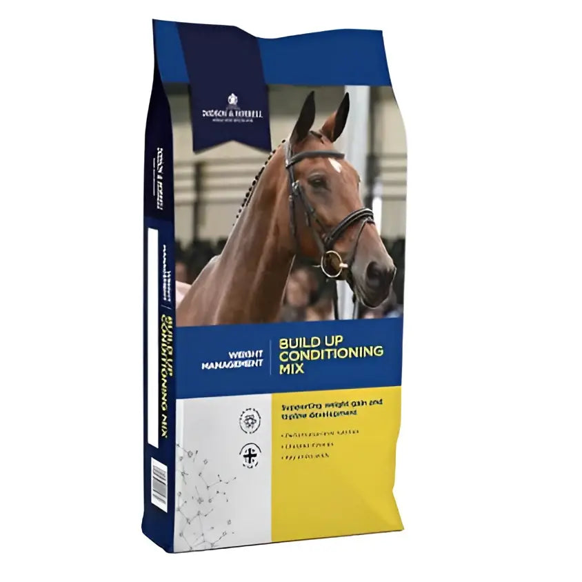 Brown horse with bridle on blue and yellow dodson and horrell build up conditioning mix bag for equestrian horses