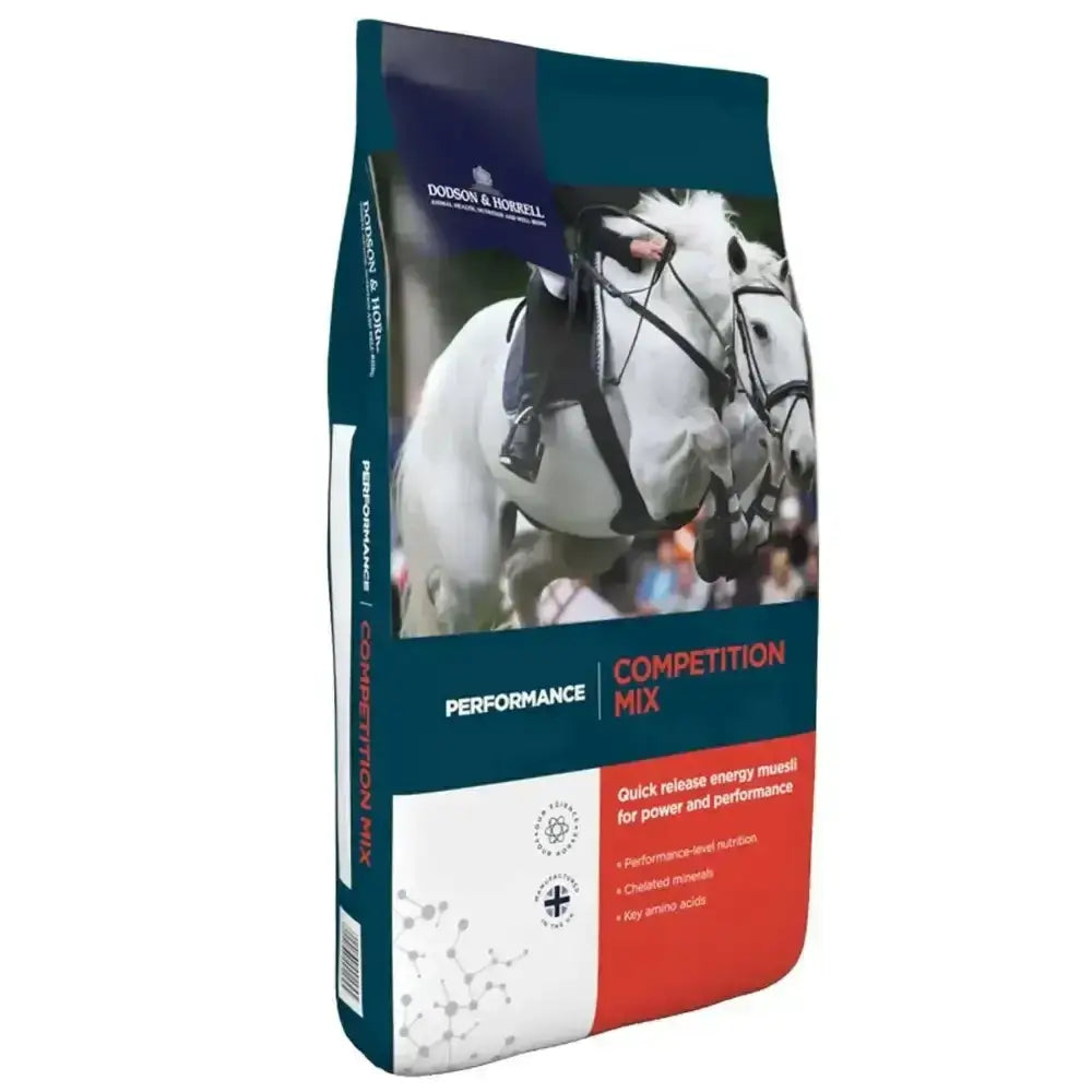 Dodson & horrell competition mix horse feed in teal and red bag with white horse image for quick release energy