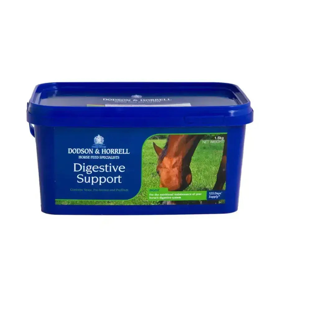 Blue plastic container of dodson & horrell digestive support horse feed supplement for horse’s digestive health