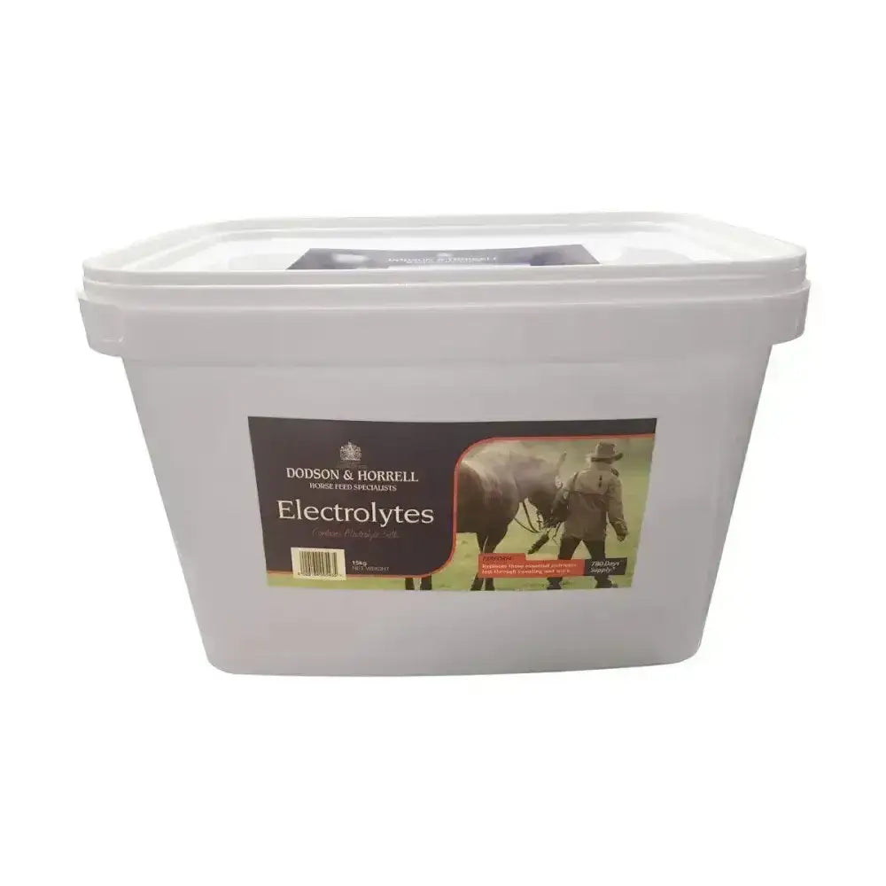 White plastic container of dodson & horrell electrolytes with electrolyte salts specifically designed for horses