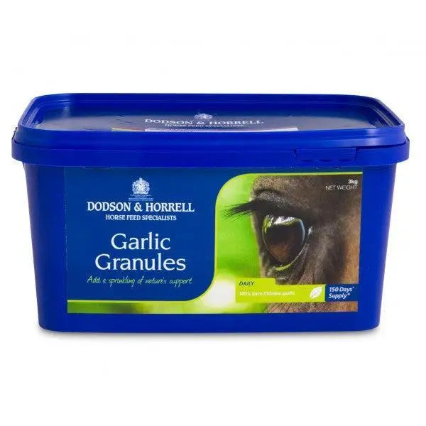 Blue plastic container of dodson and horrell garlic granules 1.5 kg horse feed with horrell garlic granules