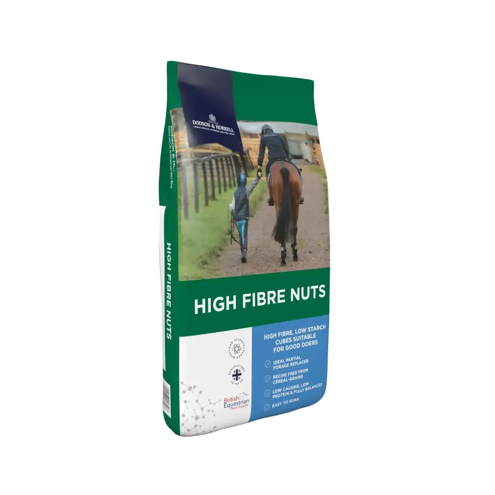 Green and blue bag of dodson and horrell high fibre nuts 20 kg high fibre nuts for horses
