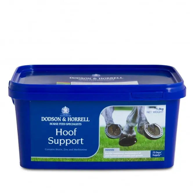 Blue plastic container of Dodson & Horrell hoof support 1.5 kg horse supplement for healthy hooves
