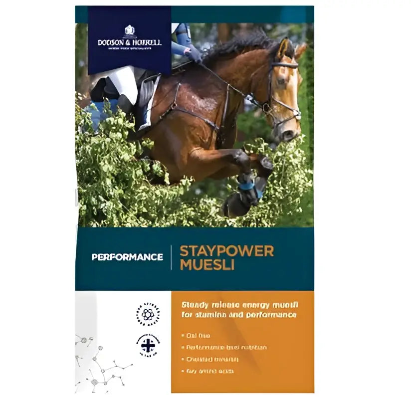 Dodson & horrell performance staypower muesli 20 kg with a brown horse in motion wearing tack against green foliage