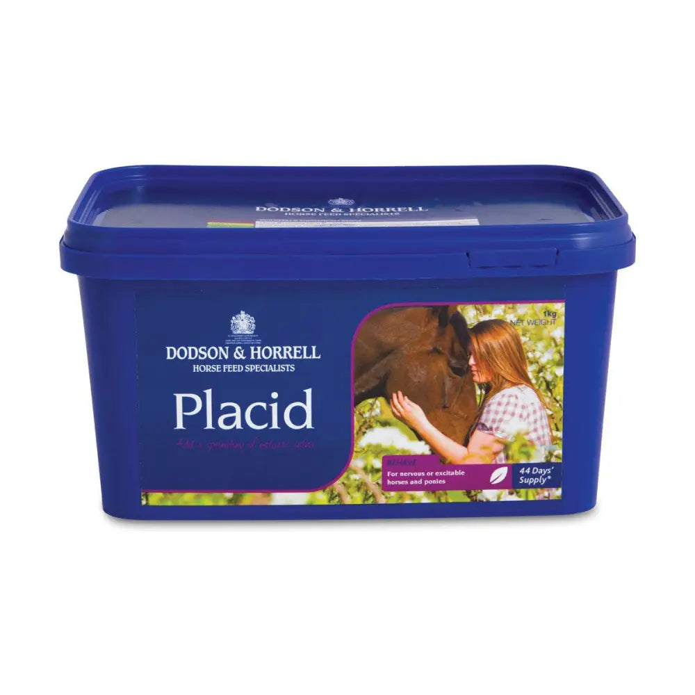Blue plastic container of dodson and horrell placid horse supplements for nutritional maintenance and calming nervous horses