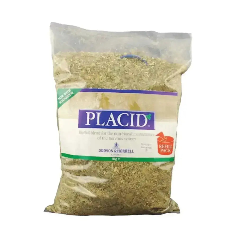 A 1kg bag of horrell placid greenish brown herbal blend horse supplements for nutritional maintenance and calmness