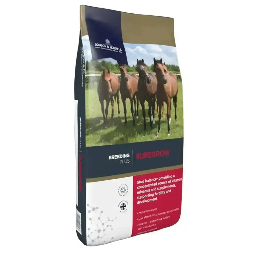 Dodson & horrell suregrow horse feed bag with brown horses on green grass and navy blue red branding accents