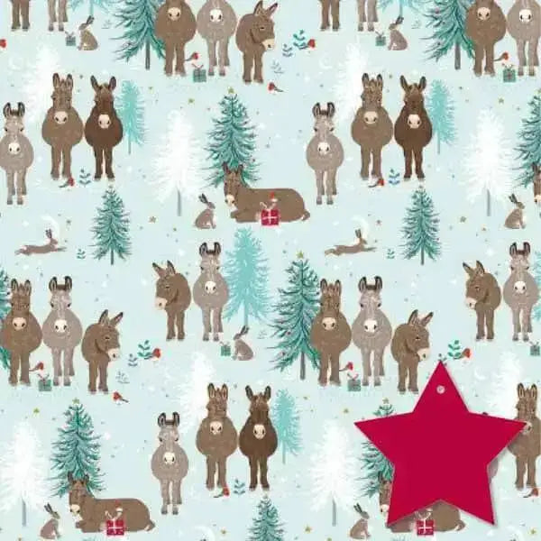 Red star-shaped tag on donkey and friends christmas gift wrapping paper for super cute friends christmas gift wrapping