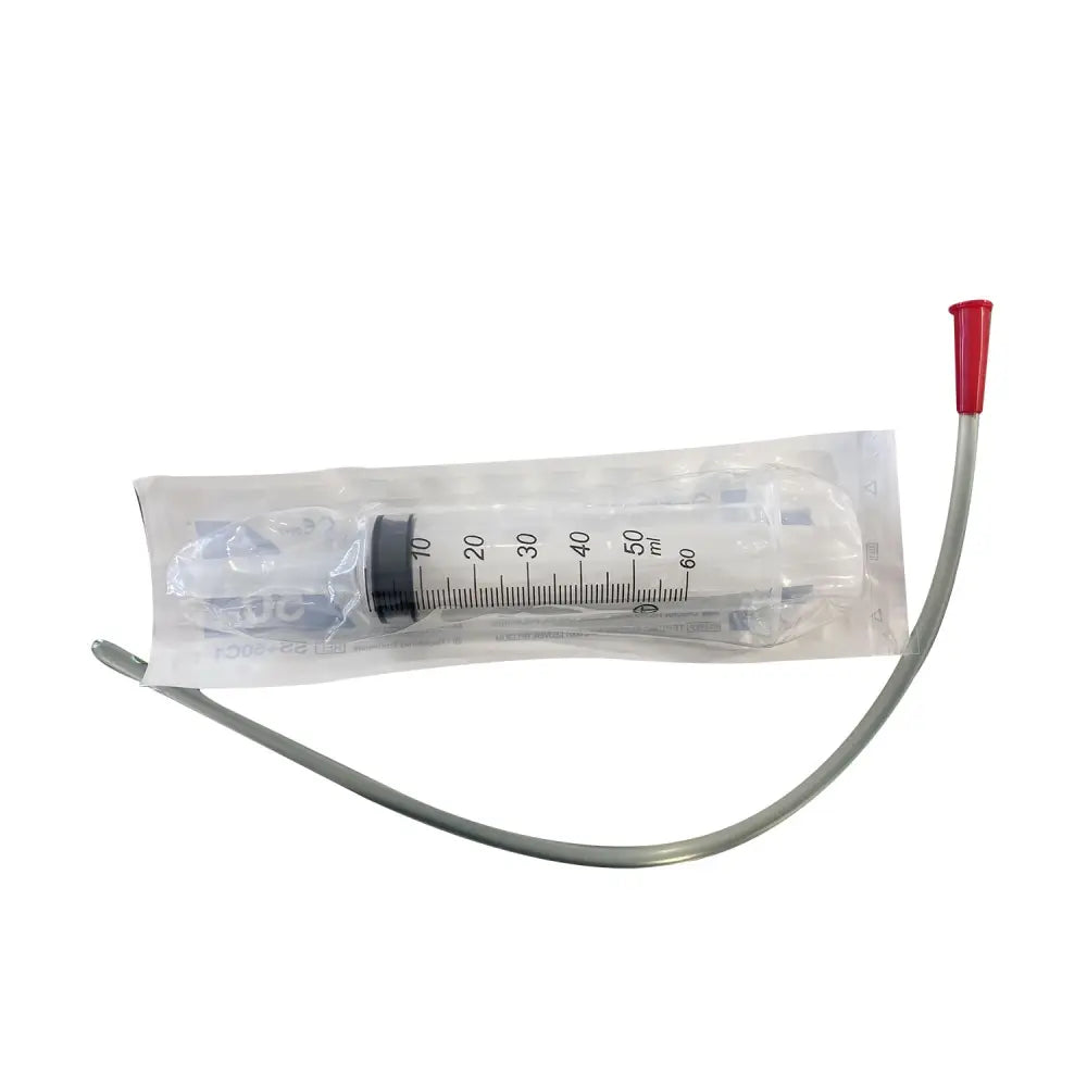 Clear plastic sterile dosing syringe with black plunger red cap and catheter tip sterile in transparent packaging
