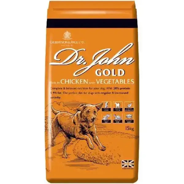 Orange bag of dr john gold rich balanced dog food with chicken vegetables and slow releasing carbohydrates