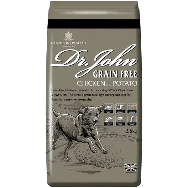 Image of dr john grain free chicken dog food bag showing label with key ingredients and nutrition facts