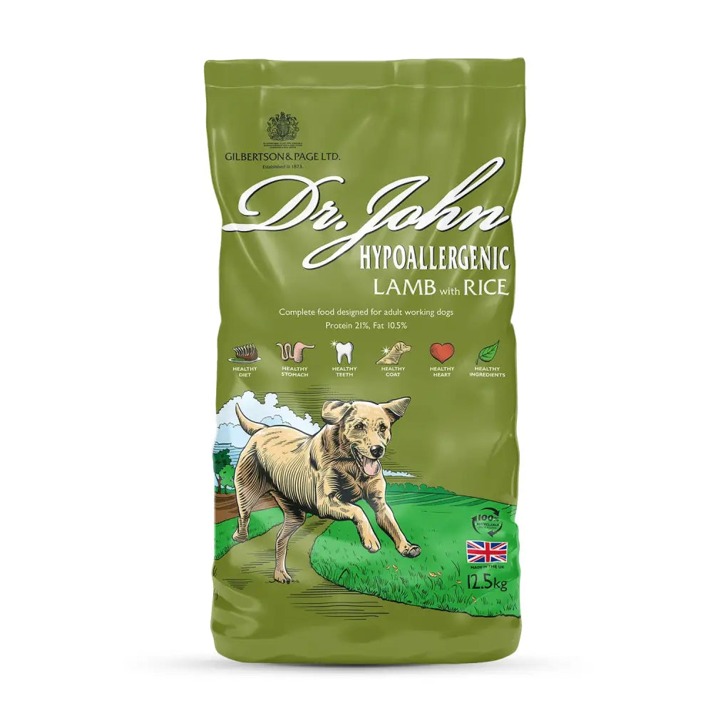 Green bag of dr john hypoallergen lamb with rice showing hypoallergenic lamb dog food packaging