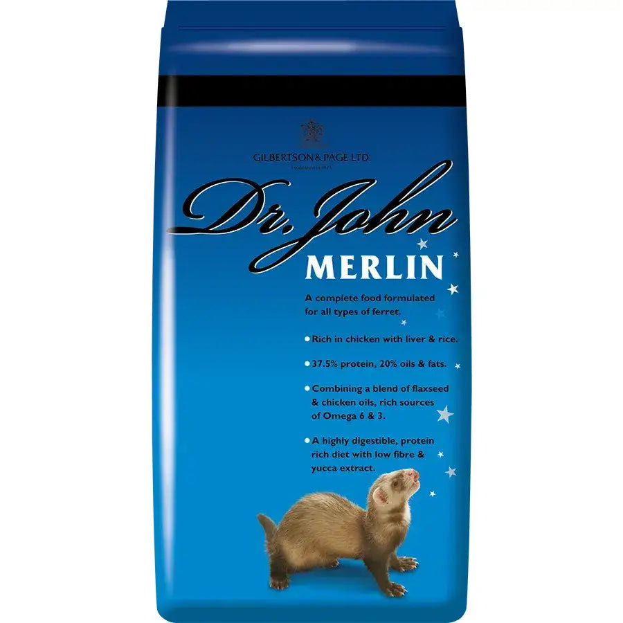Blue cylindrical container of dr john merlin ferret food offering an energy rich nutritious diet for ferrets