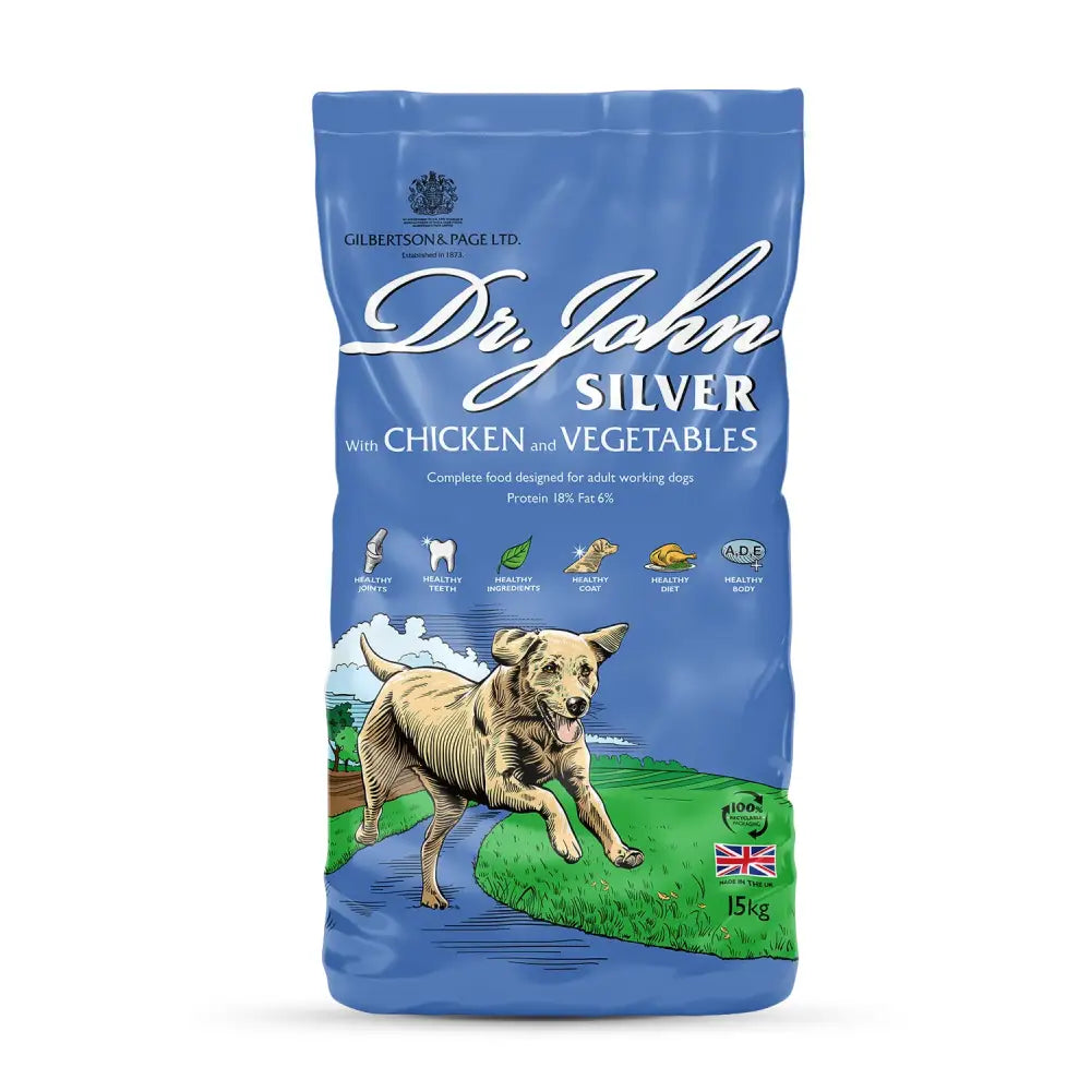 Blue bag of dr john silver chicken with vegetables dog food 15kg for lighter maintenance diet