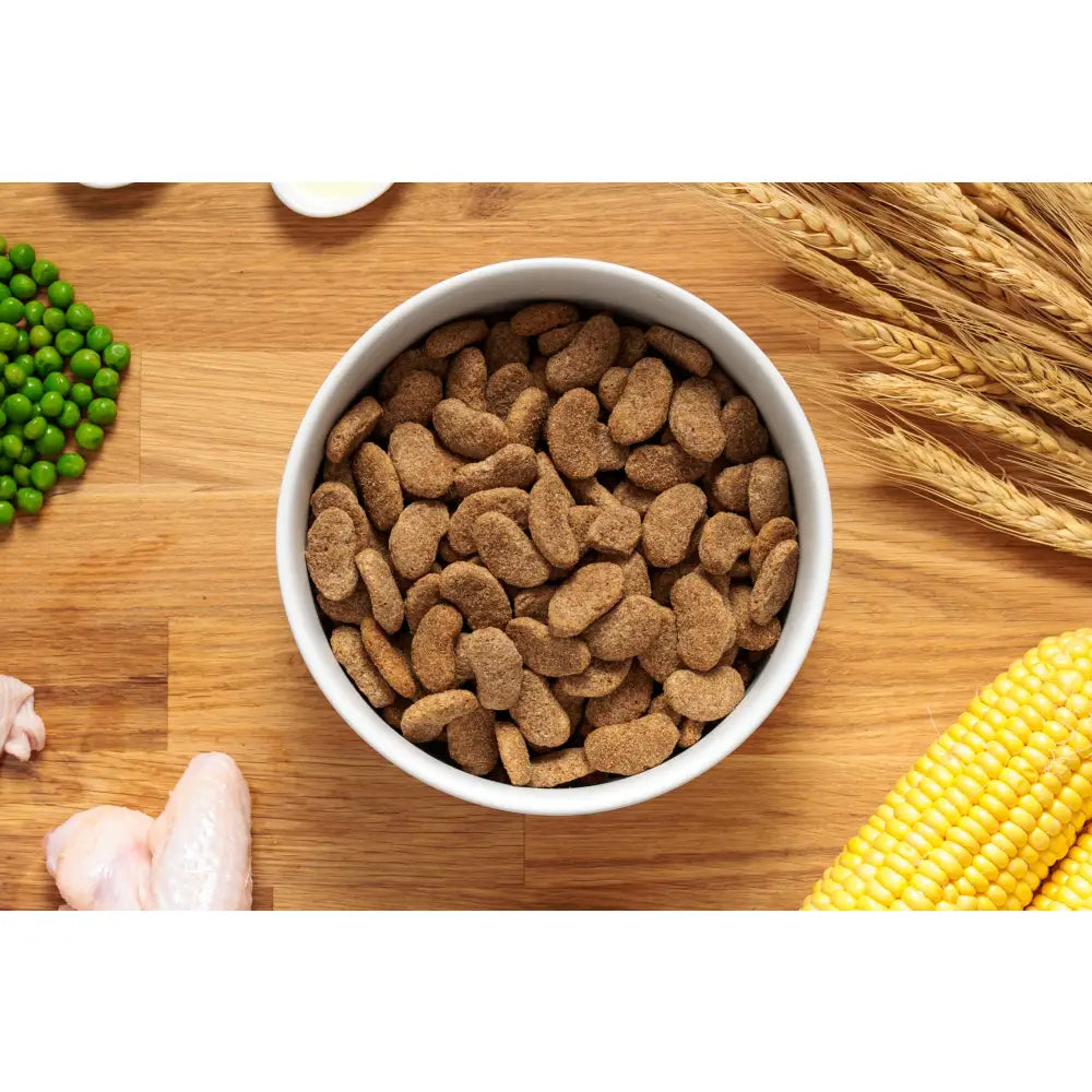 A white ceramic bowl filled with brown dry dog food pellets for john silver chicken lighter maintenance diet 15kg