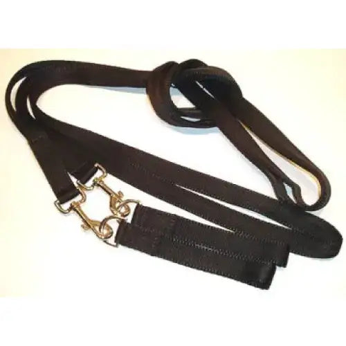 Black draw reins with gold-toned clasps, reinforced fabric straps, separate loop, and rubber grip web for control