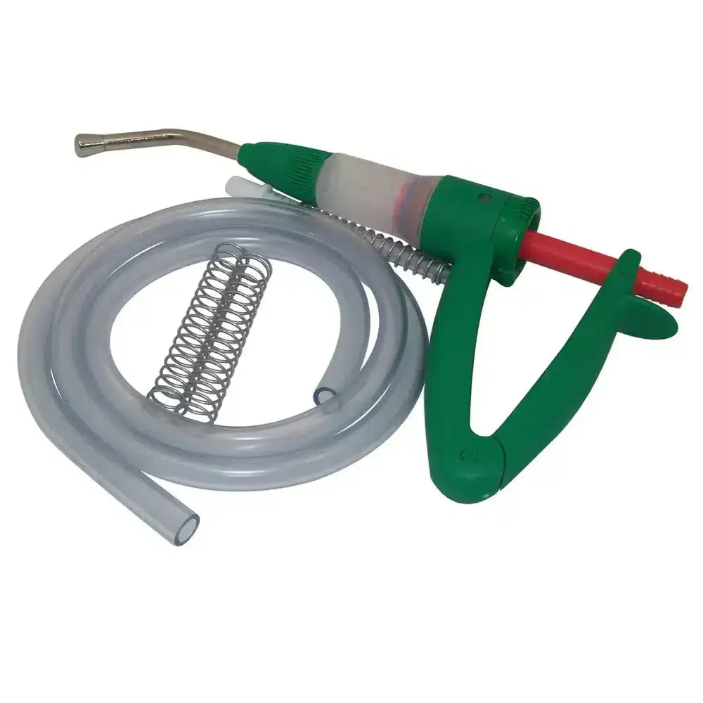 Green and red plastic handled drench gun with clear tubing metal spring and flexible nozzle for fasinex sheep use