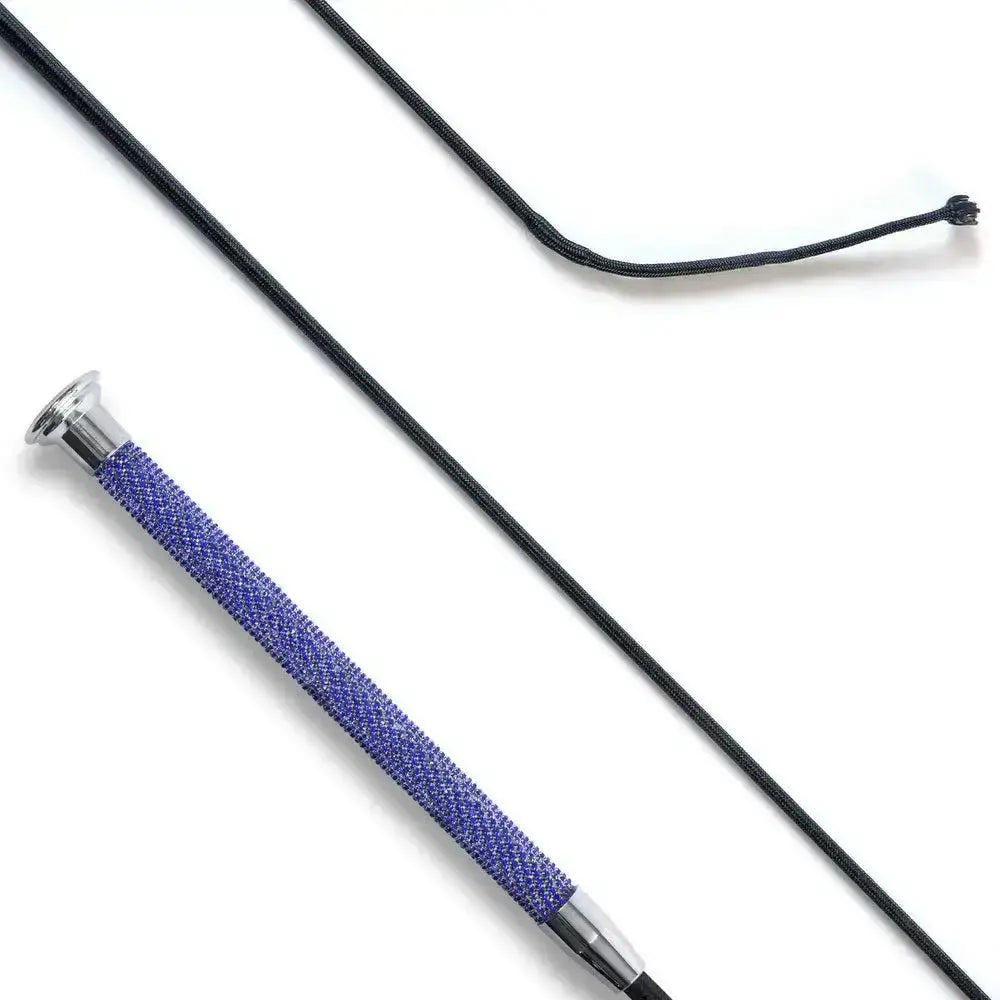 Dressage whip with a purple textured grip, black cord, and silver ferrules featuring a blue crystal grip that adds sophistication