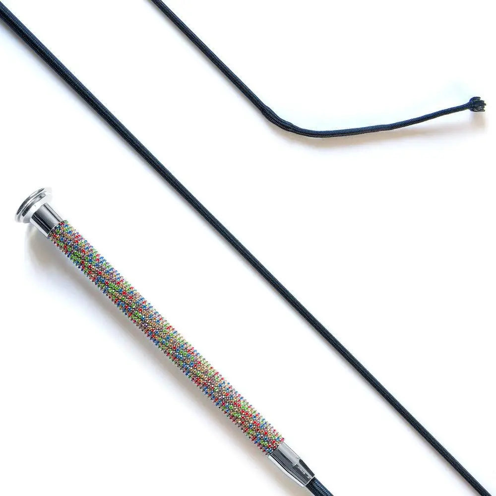 Dressage whip with multi crystal grip handle sparkling with colorful rhinestones black braided cord and chrome ferrule