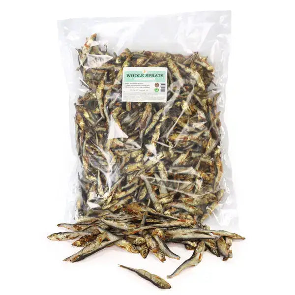 A clear plastic bag of dried whole baltic sprats labeled whole sprats perfect for equestrian and horse use