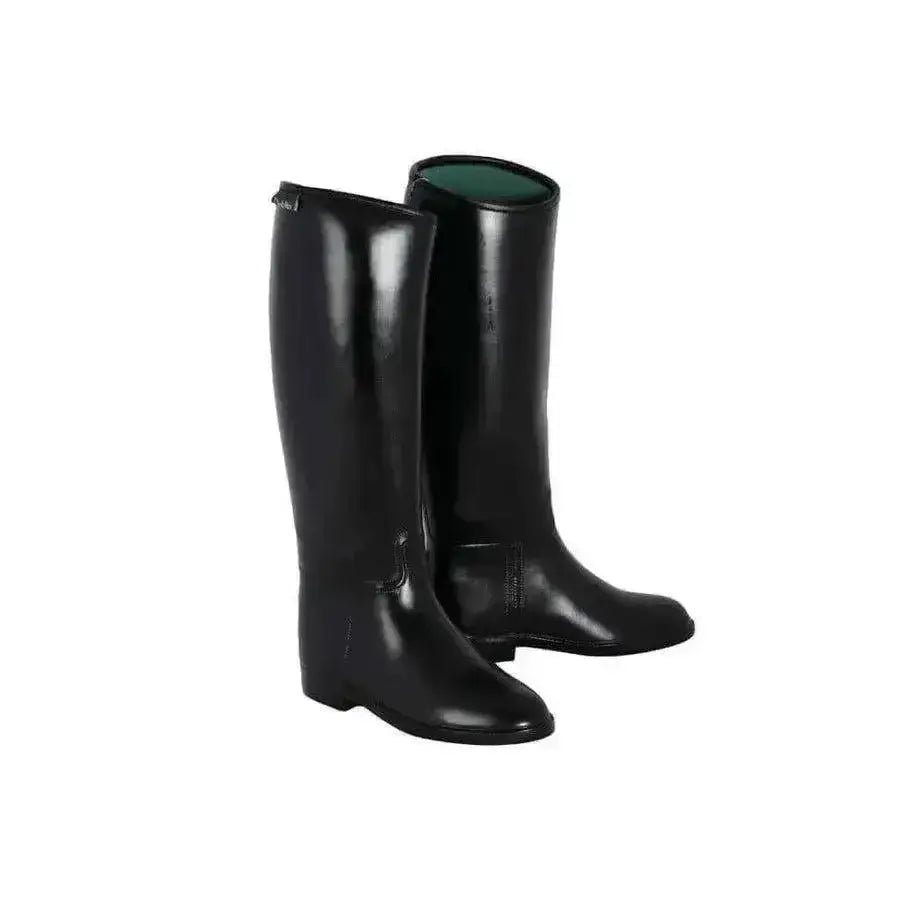 Black adult riding dublin universal short extra wide boots with glossy finish and green lining at the top