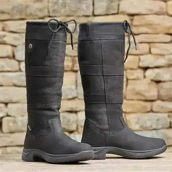 Black leather dublin waterproof river boots with reinforced panels and adjustable laces perfect for country use