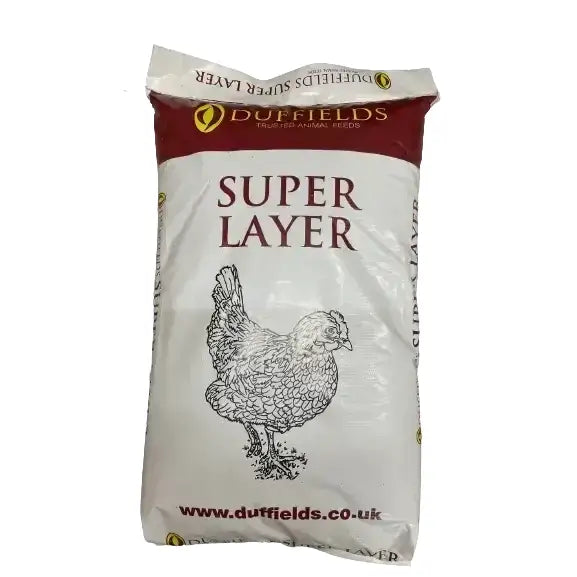 White and maroon bag of duffields super value layers pellets with black hen drawing ideal for horses and equestrian use