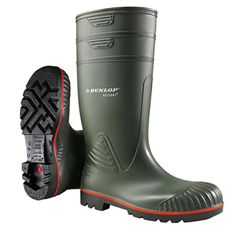 Dark green dunlop acifort heavy duty resin safety boot with red accents and rugged rubber sole for tough jobs