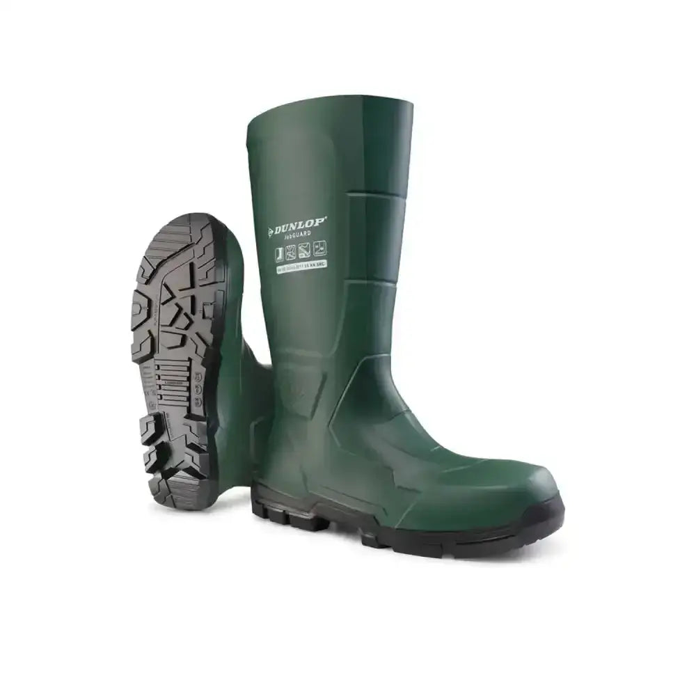 Dark green dunlop acifort jobguard safety wellington boots with rugged black sole and heavy duty protection in safety green