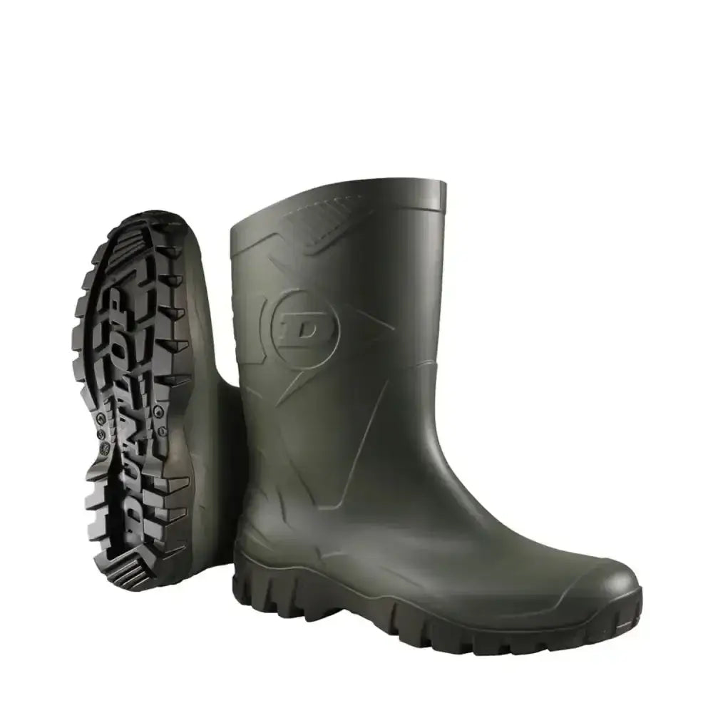 Dark olive green dunlop dee rubber calf-length boot designed with textured tread and flying d logo embossed on side