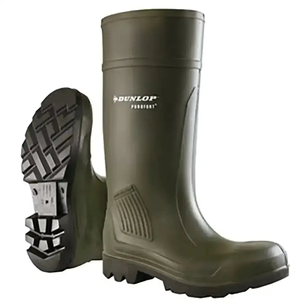 Olive green dunlop purofort professional wellington boots with oil resistant outsole and reinforced toe cap