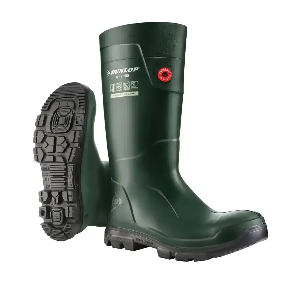 Dark green dunlop purofort terrapro wellington boots with rugged black tread and red logo for tough outdoor use