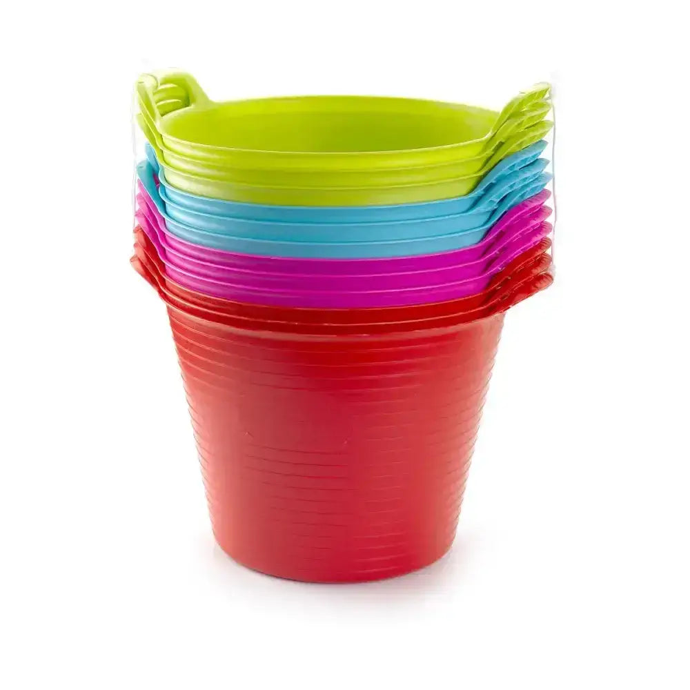 Stack of colorful easi trug flexible trug buckets with ribbed sides and handles in lime green blue magenta and red for stable yard use