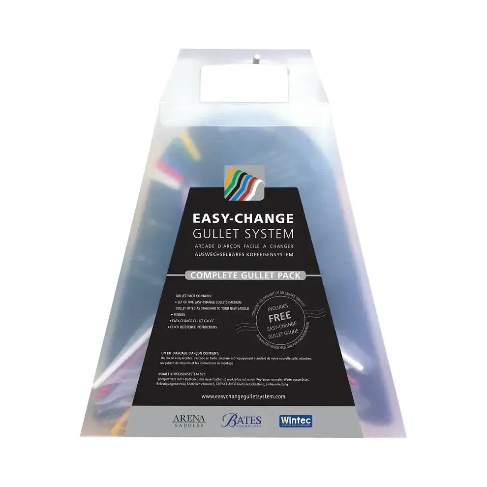 Clear plastic package of the easy-change gullet system complete pack with colorful gullets and an easy-change gullet gauge