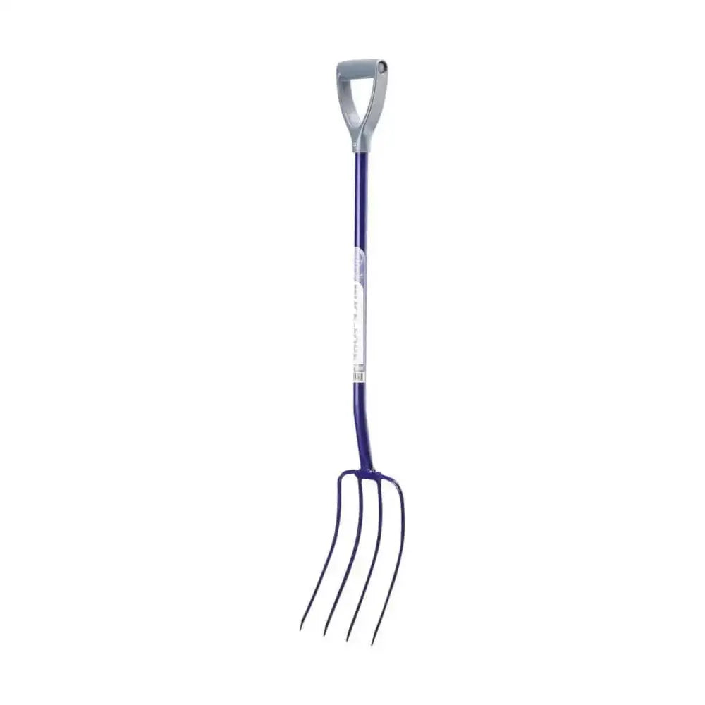Purple-handled eazitools manure fork with gray d-shaped grip and four black tines features specially angled head to encourage good posture