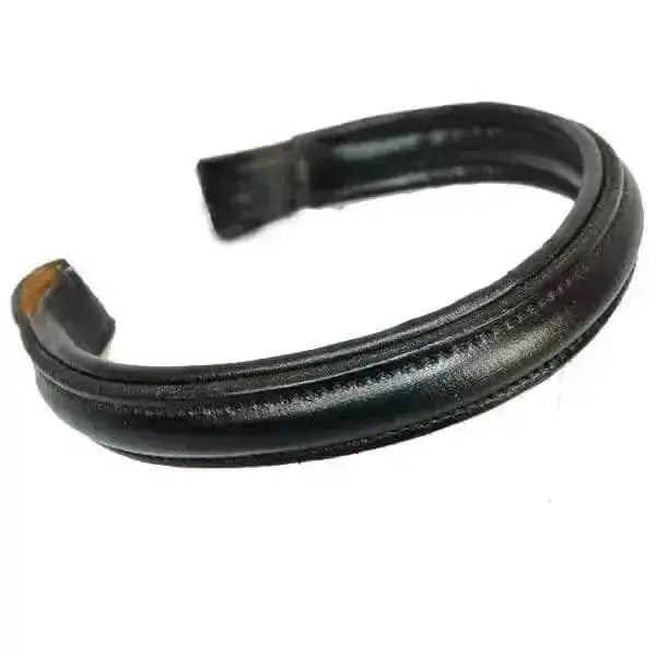 Black leather horse bridle bit with stitched edges and worn finish in economy plain raised leather browbands style