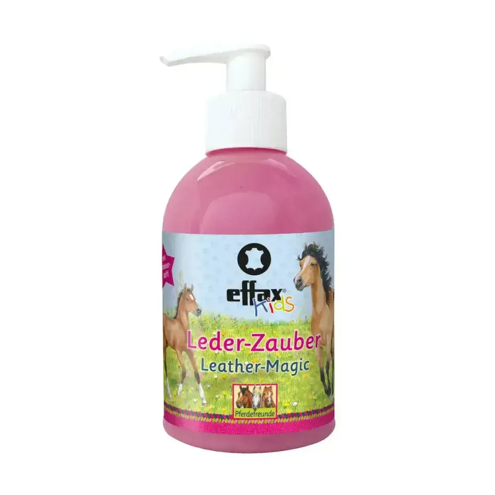 Pink plastic bottle with white pump of effax kids leather magic featuring horse illustrations on green field background