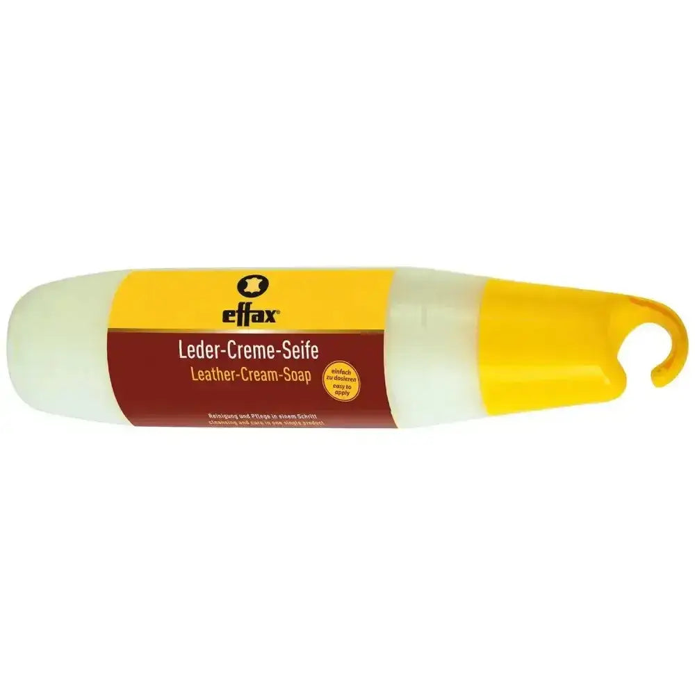 Effax leather cream tack soap in yellow and white flic-flac bottle with hook-shaped cap for leather care