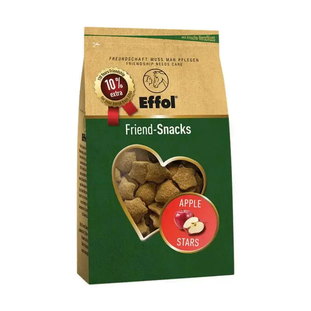 Effol friend-snacks apple stars horse treats in a green and tan package with a heart-shaped window for four-legged equine friends