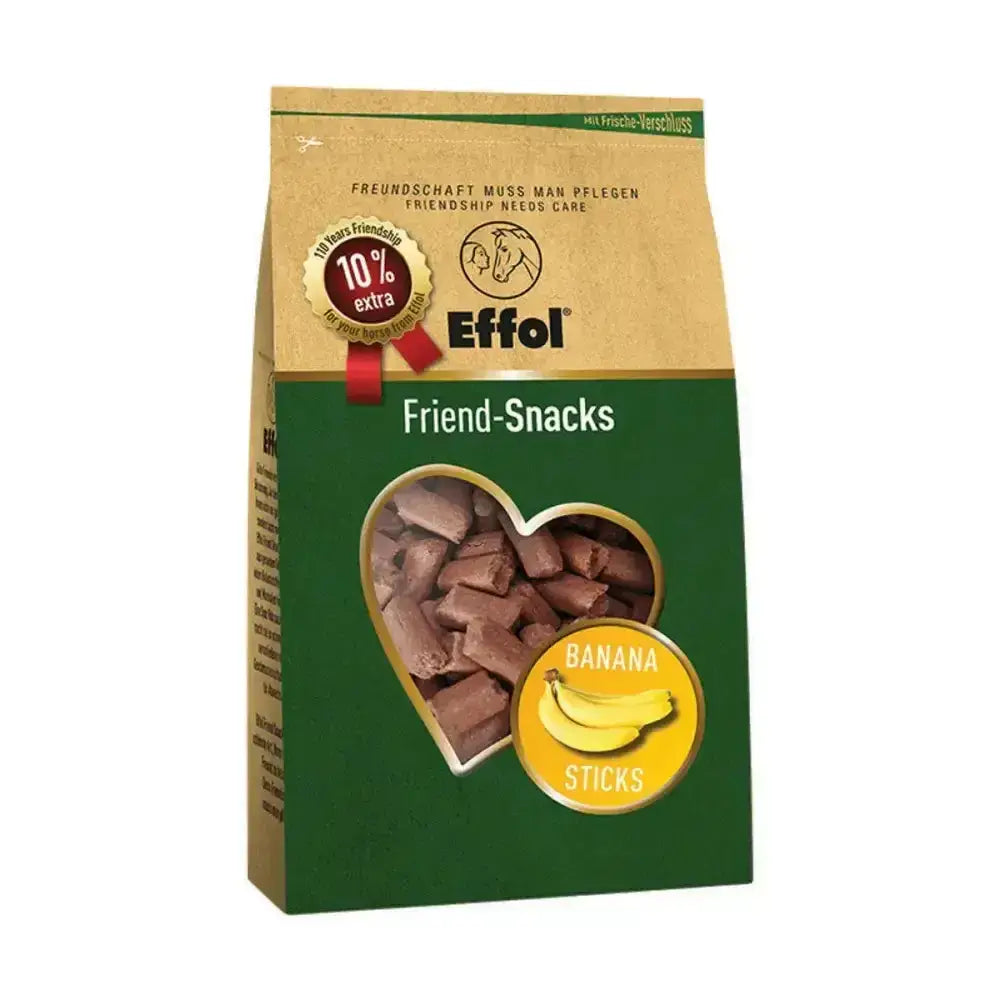 Effol friend snacks horse treats banana sticks in green and brown package with heart window for four-legged equine friends