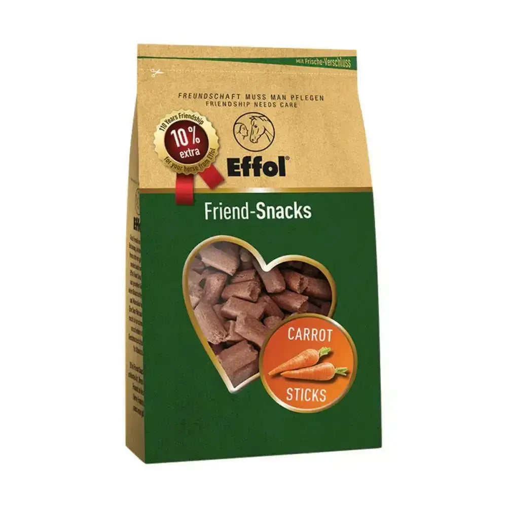 Effol friend-snacks carrot sticks in a green and tan paper bag with heart-shaped window for four-legged equine friends horse treats